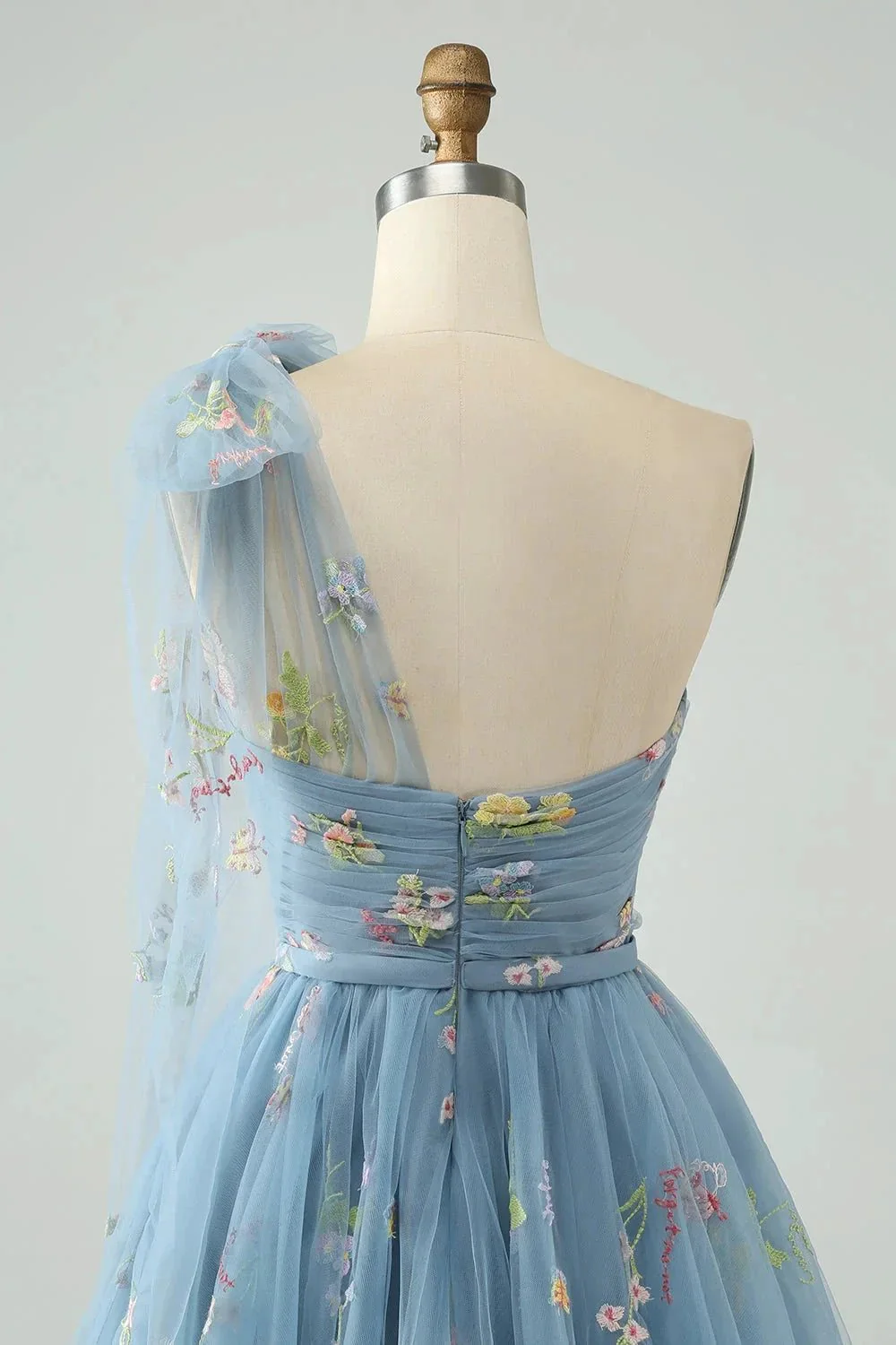 A Line One Shoulder Grey Blue Tulle Homecoming Dress with Floral Embroidery - Image 4