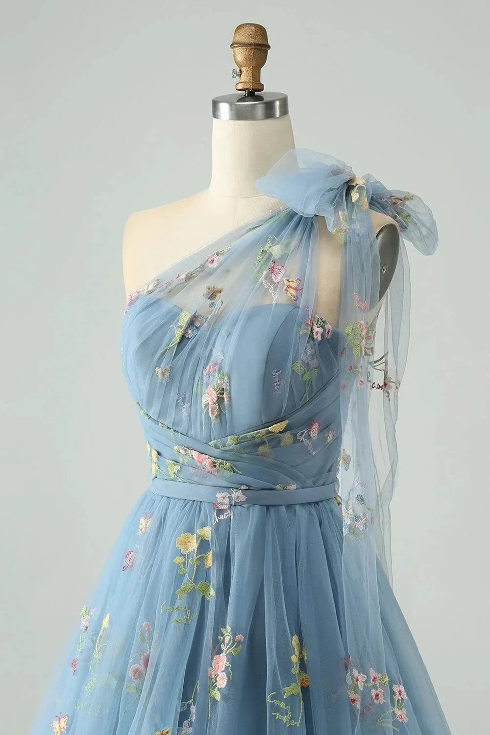 A Line One Shoulder Grey Blue Tulle Homecoming Dress with Floral Embroidery - Image 5