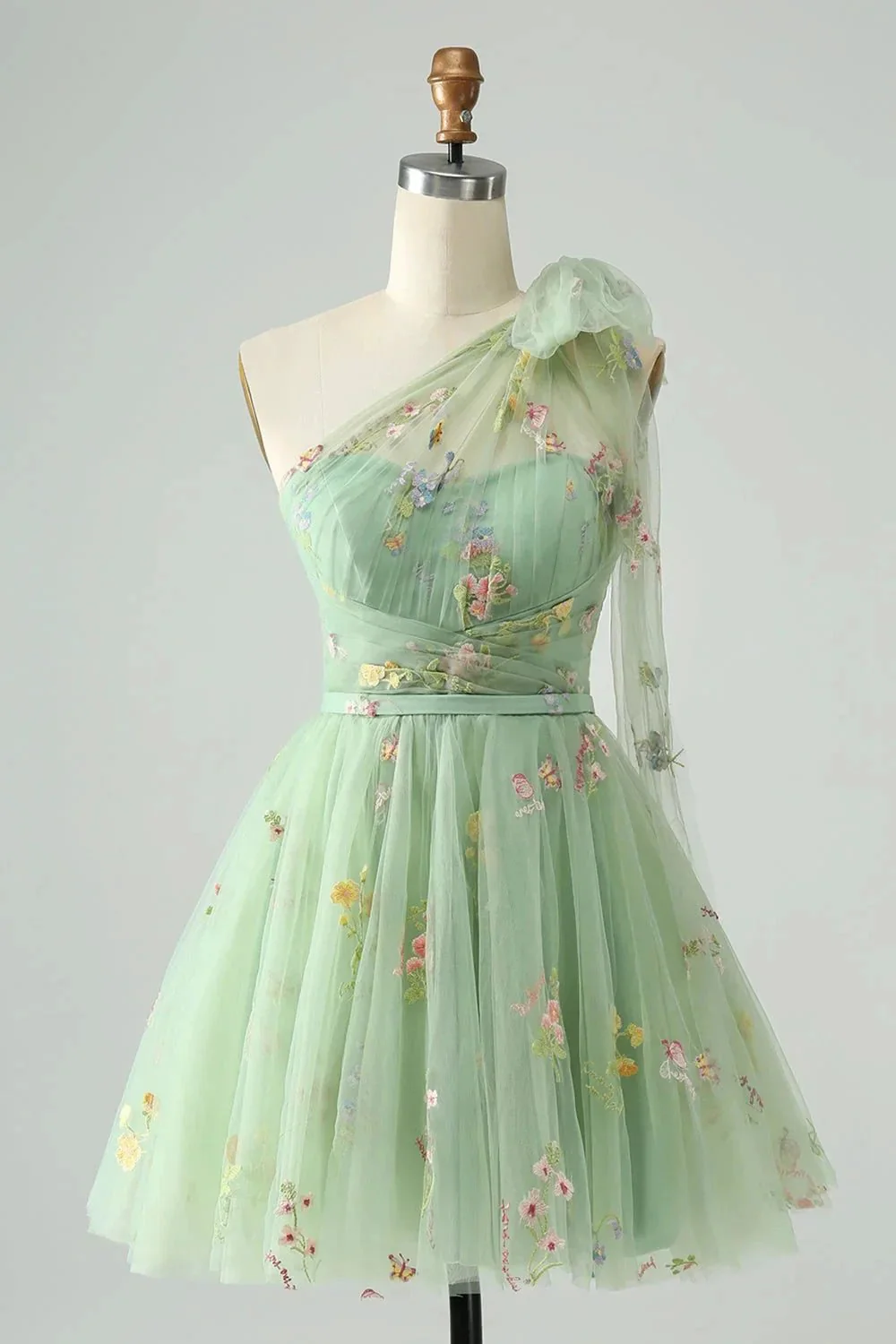 A Line One Shoulder Grey Blue Tulle Homecoming Dress with Floral Embroidery - Image 6