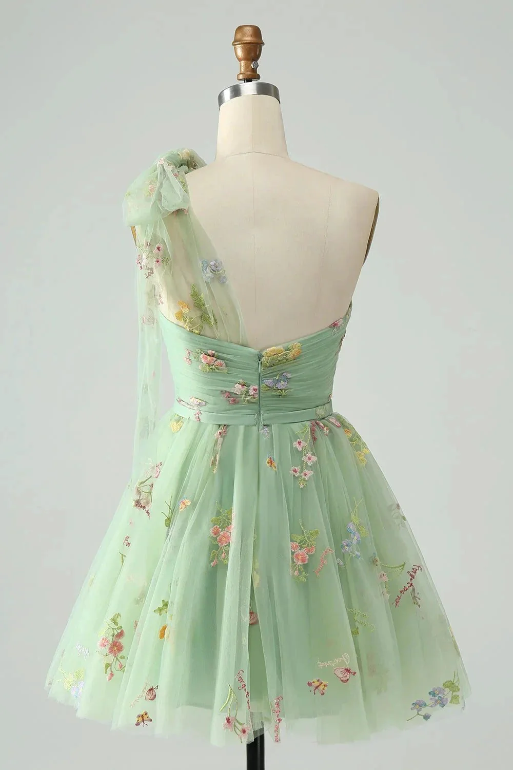 A Line One Shoulder Grey Blue Tulle Homecoming Dress with Floral Embroidery - Image 7