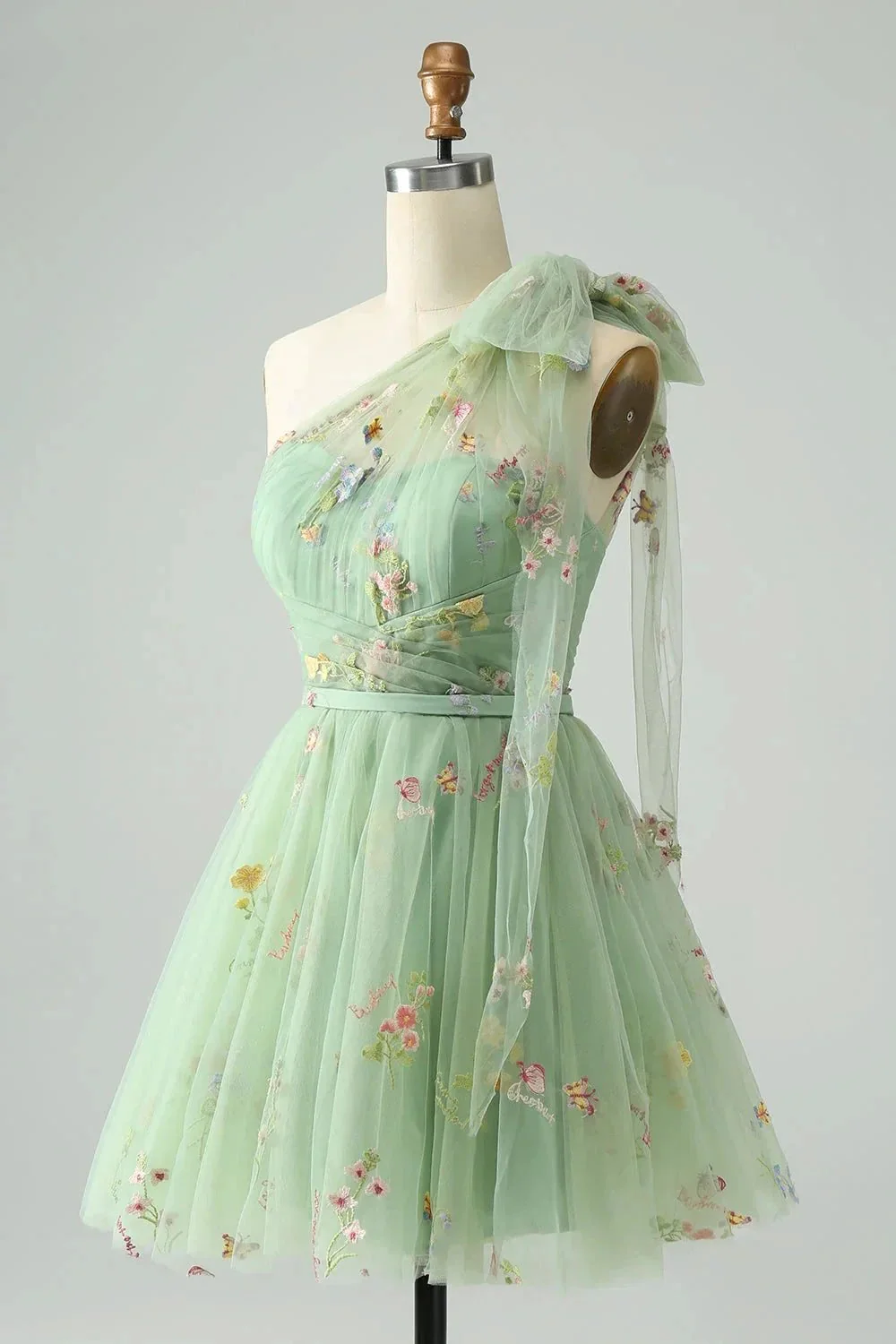 A Line One Shoulder Grey Blue Tulle Homecoming Dress with Floral Embroidery - Image 8