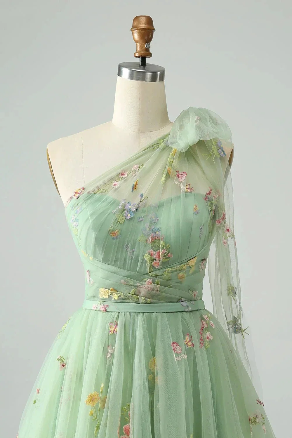 A Line One Shoulder Grey Blue Tulle Homecoming Dress with Floral Embroidery - Image 9