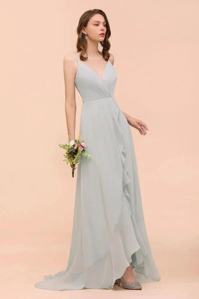 Grey Bridesmaid Dress Spaghetti V-Neck Ruffle Beach Wedding Party Dress - Image 2
