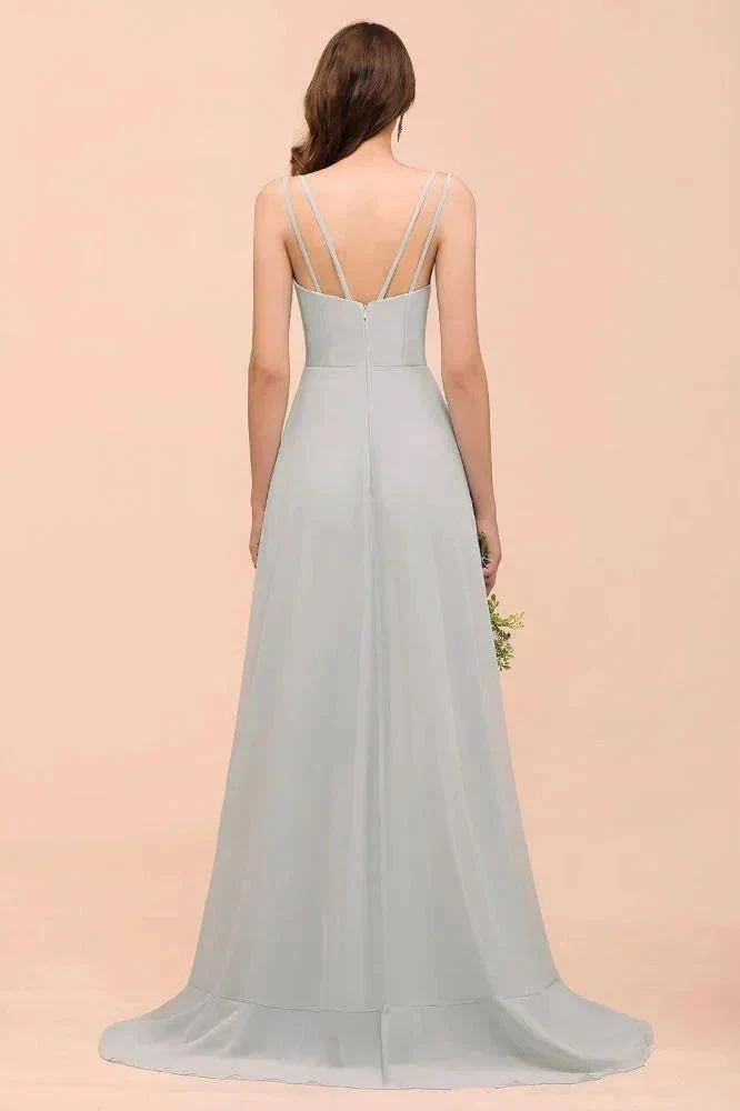Grey Bridesmaid Dress Spaghetti V-Neck Ruffle Beach Wedding Party Dress - Image 3