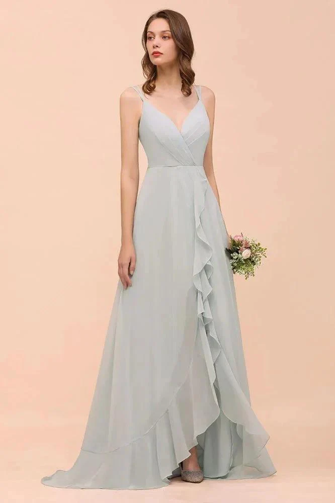 Grey Bridesmaid Dress Spaghetti V-Neck Ruffle Beach Wedding Party Dress - Image 4
