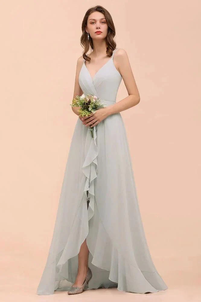 Grey Bridesmaid Dress Spaghetti V-Neck Ruffle Beach Wedding Party Dress - Image 5
