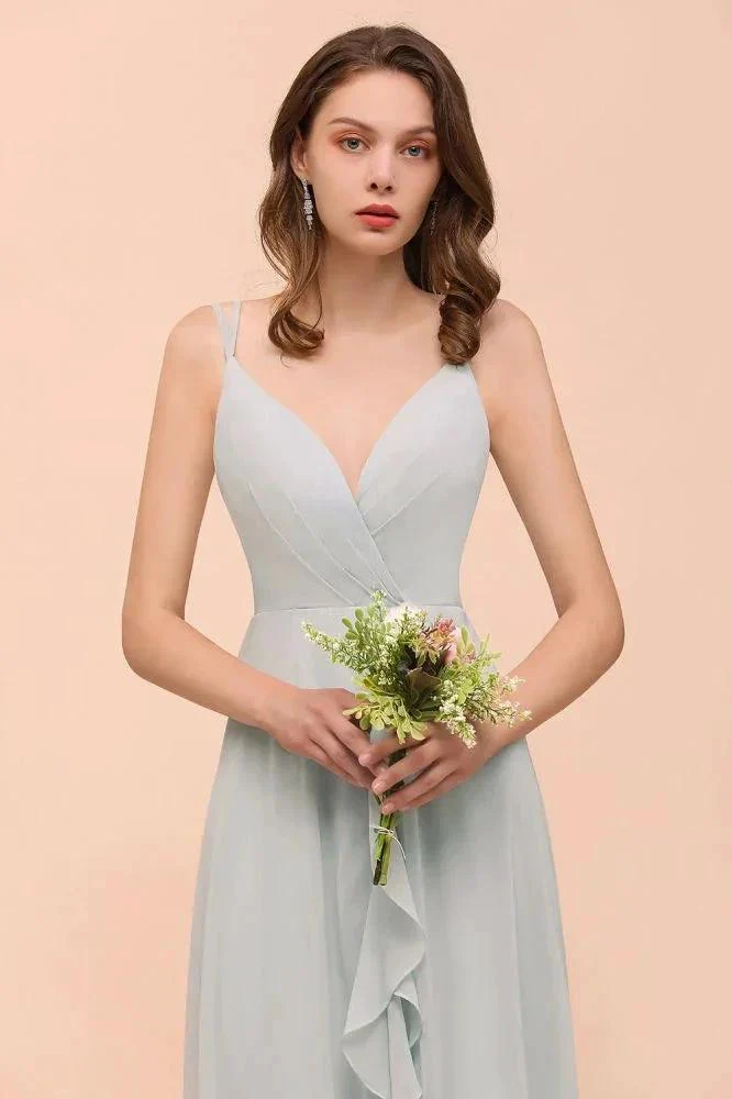 Grey Bridesmaid Dress Spaghetti V-Neck Ruffle Beach Wedding Party Dress - Image 6