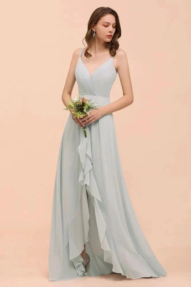 Grey Bridesmaid Dress Spaghetti V-Neck Ruffle Beach Wedding Party Dress - Image 7