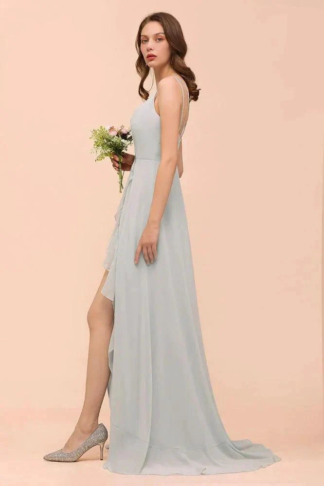 Grey Bridesmaid Dress Spaghetti V-Neck Ruffle Beach Wedding Party Dress - Image 8