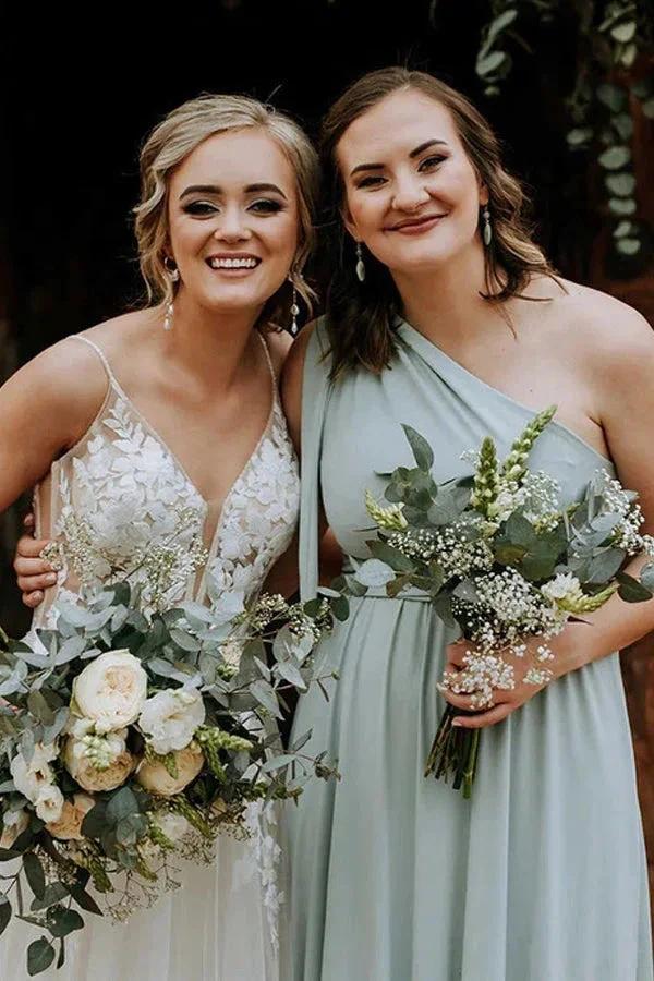 Grey Green One Shoulder Sweep Train Chiffon Bridesmaid Dress BD105 - Image 2