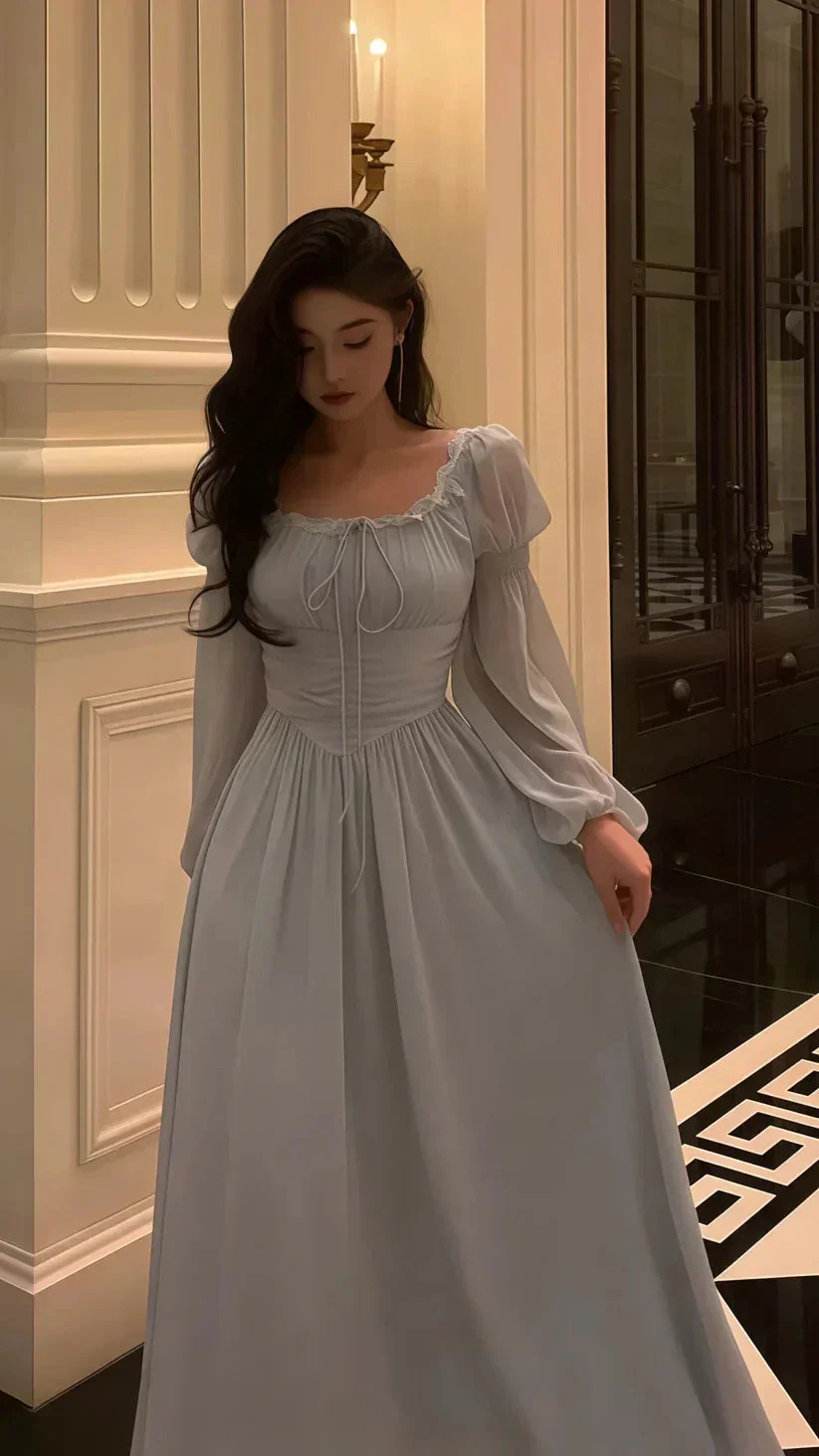 Grey Lace Chiffon Long Sleeves Party Dress Elegant Prom Evening Dress Y8021 - Image 2