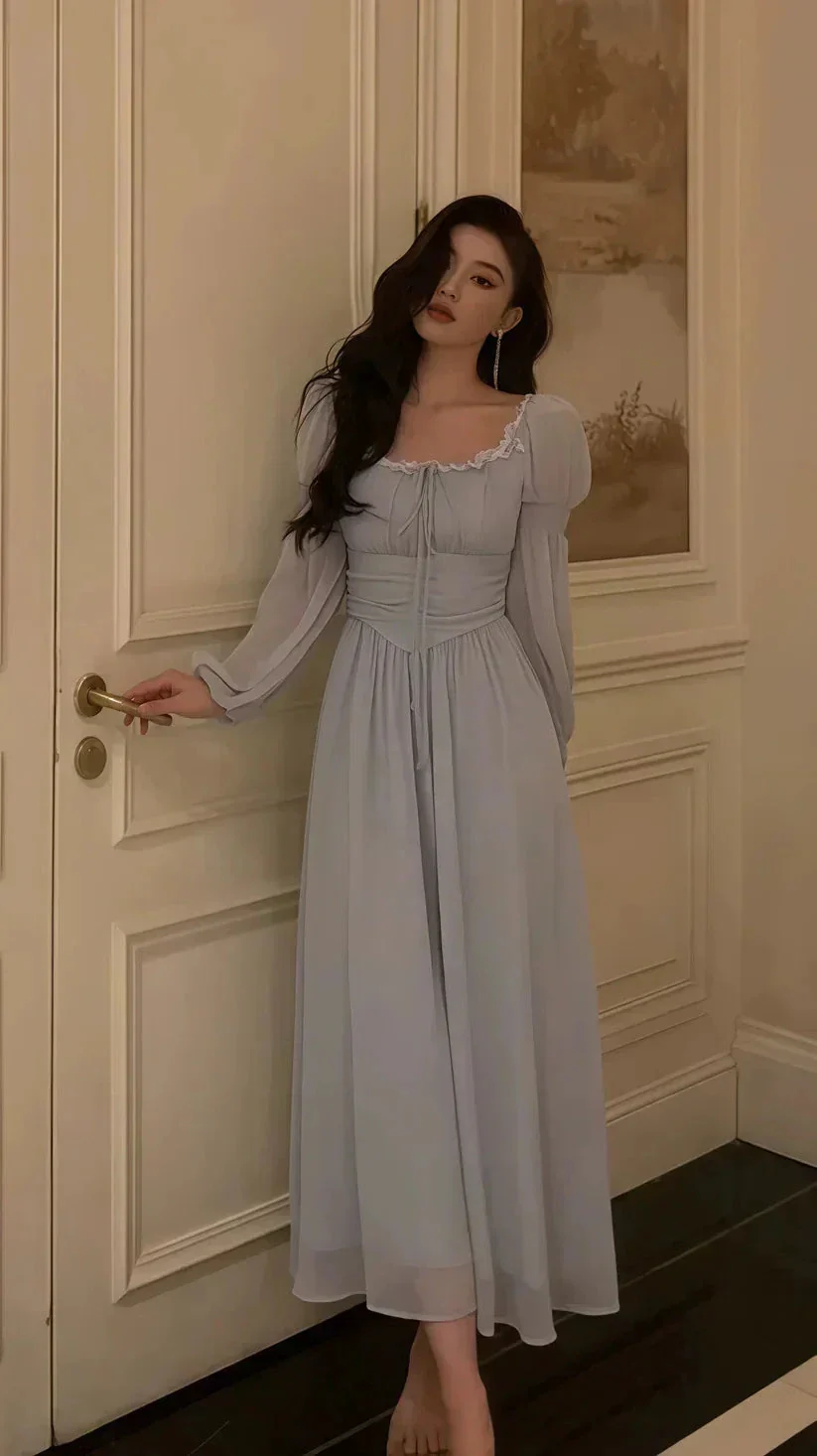 Grey Lace Chiffon Long Sleeves Party Dress Elegant Prom Evening Dress Y8021 - Image 3