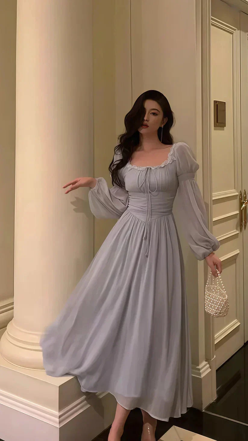 Grey Lace Chiffon Long Sleeves Party Dress Elegant Prom Evening Dress Y8021 - Image 4