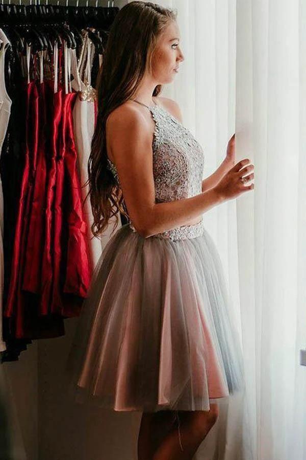 Grey Short Two Piece Halter Homecoming Party Dress with Lace PD295 - Image 2