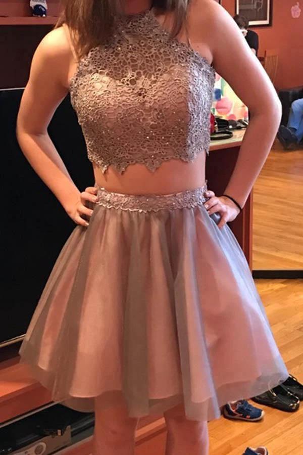 Grey Short Two Piece Halter Homecoming Party Dress with Lace PD295 - Image 3