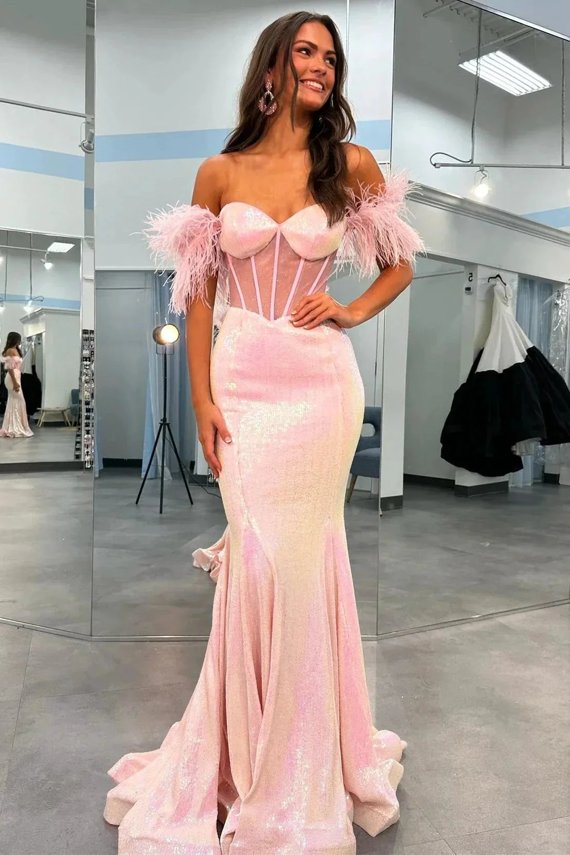 Gwenda | Black Sequin Feather Sheer Bodice Trumpet Long Gown - Image 2