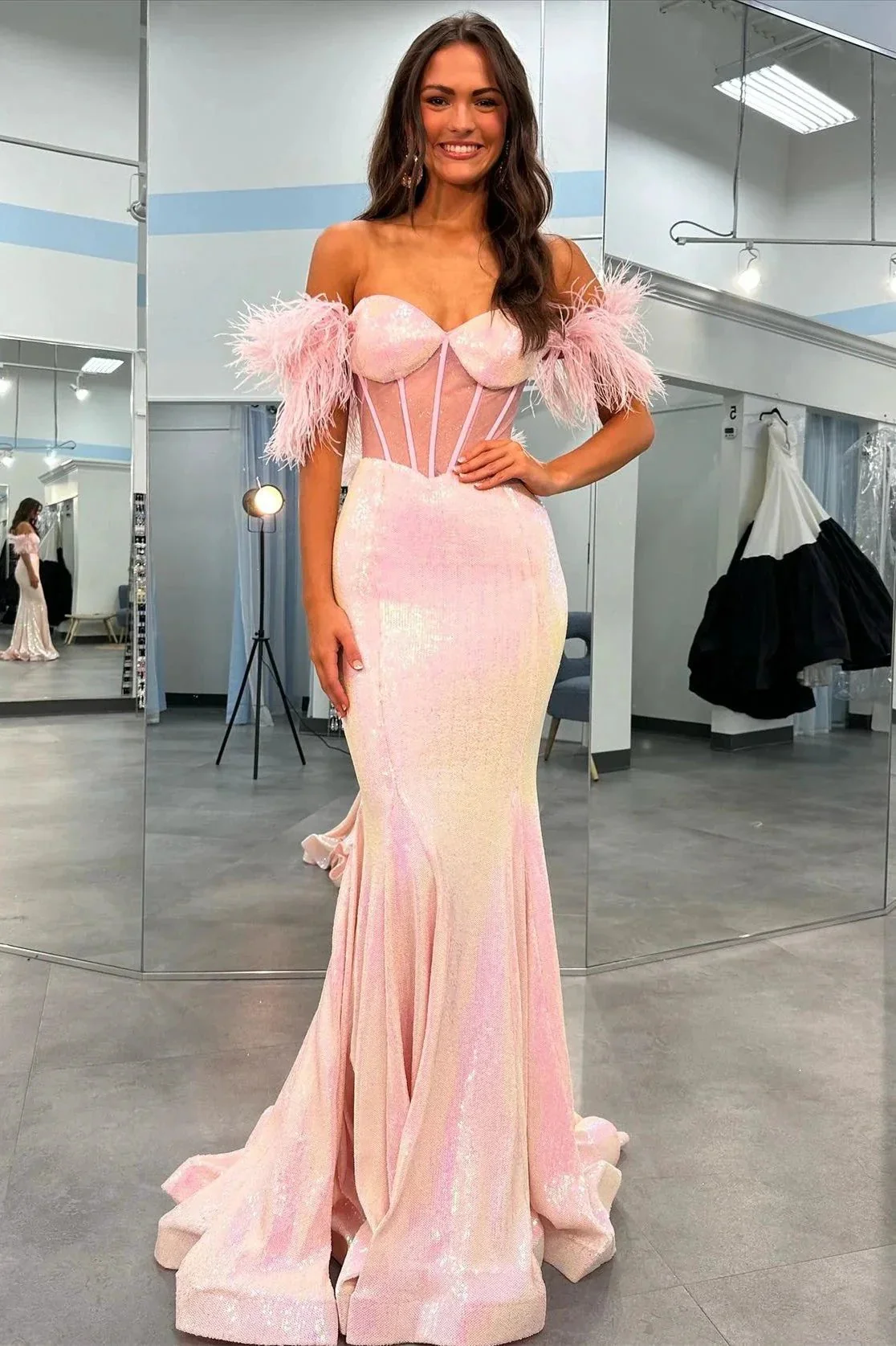 Gwenda | Black Sequin Feather Sheer Bodice Trumpet Long Gown - Image 3