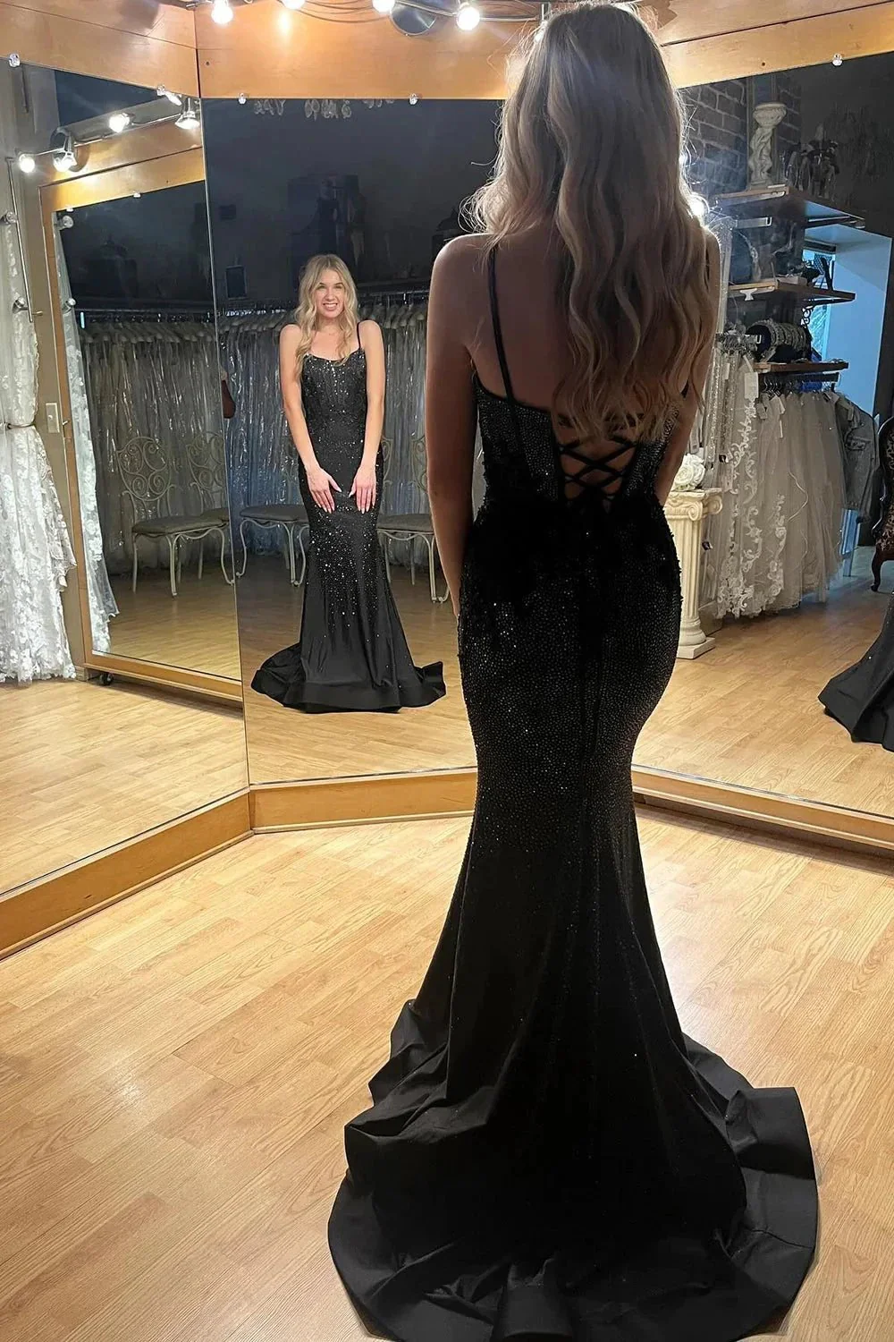 Hadley | Black Scoop Neck Mermaid Prom Dresses With Beading - Image 3