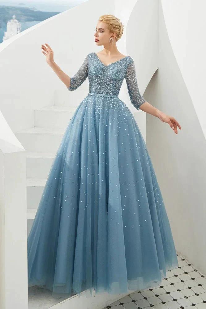 Half Sleeve Aline Tulle Evening Maxi Gown Beads V-Neck Prom Dress - Image 2