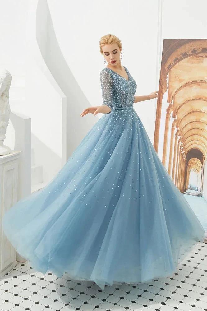Half Sleeve Aline Tulle Evening Maxi Gown Beads V-Neck Prom Dress - Image 3