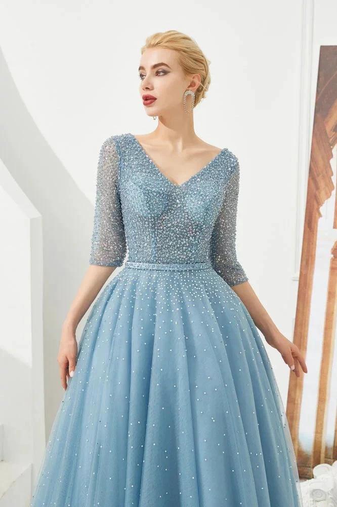 Half Sleeve Aline Tulle Evening Maxi Gown Beads V-Neck Prom Dress - Image 4