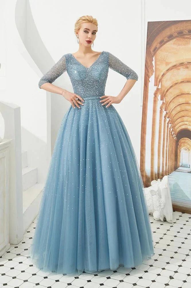 Half Sleeve Aline Tulle Evening Maxi Gown Beads V-Neck Prom Dress - Image 5