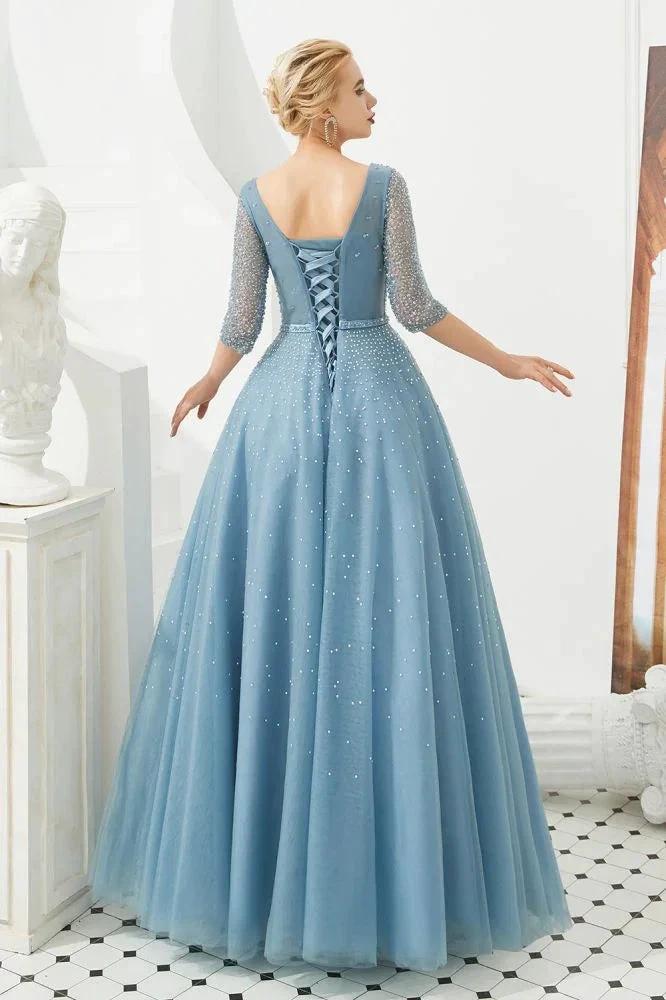 Half Sleeve Aline Tulle Evening Maxi Gown Beads V-Neck Prom Dress - Image 6