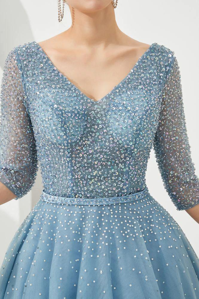 Half Sleeve Aline Tulle Evening Maxi Gown Beads V-Neck Prom Dress - Image 7