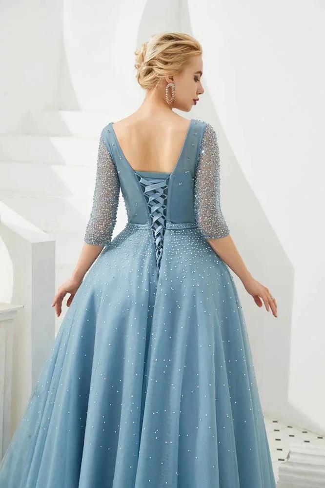 Half Sleeve Aline Tulle Evening Maxi Gown Beads V-Neck Prom Dress - Image 8