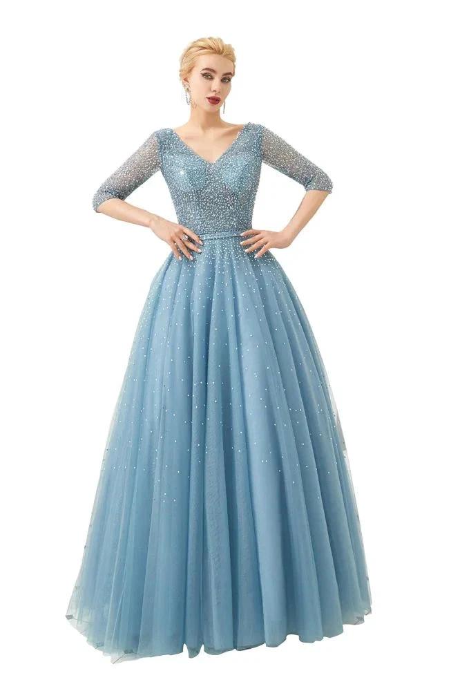 Half Sleeve Aline Tulle Evening Maxi Gown Beads V-Neck Prom Dress - Image 9