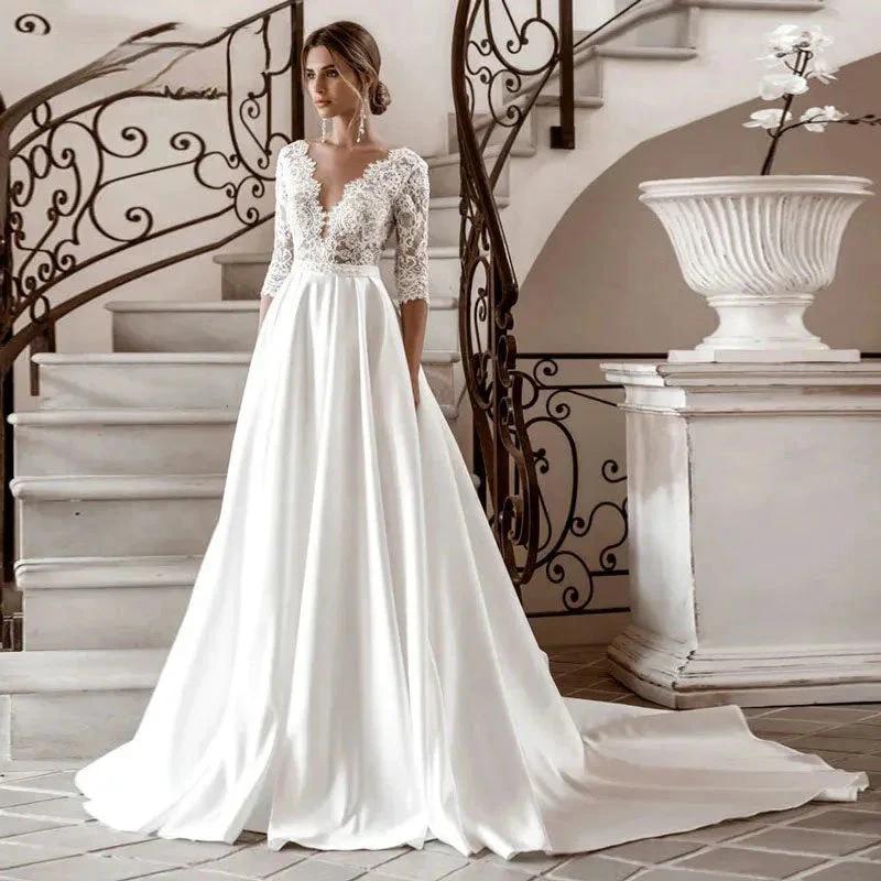 Half Sleeve Satin A-line Wedding Dress Elegant V Neck Bridal Gowns Elegant Bohemian Princess Dress Custome Vestido - Image 2