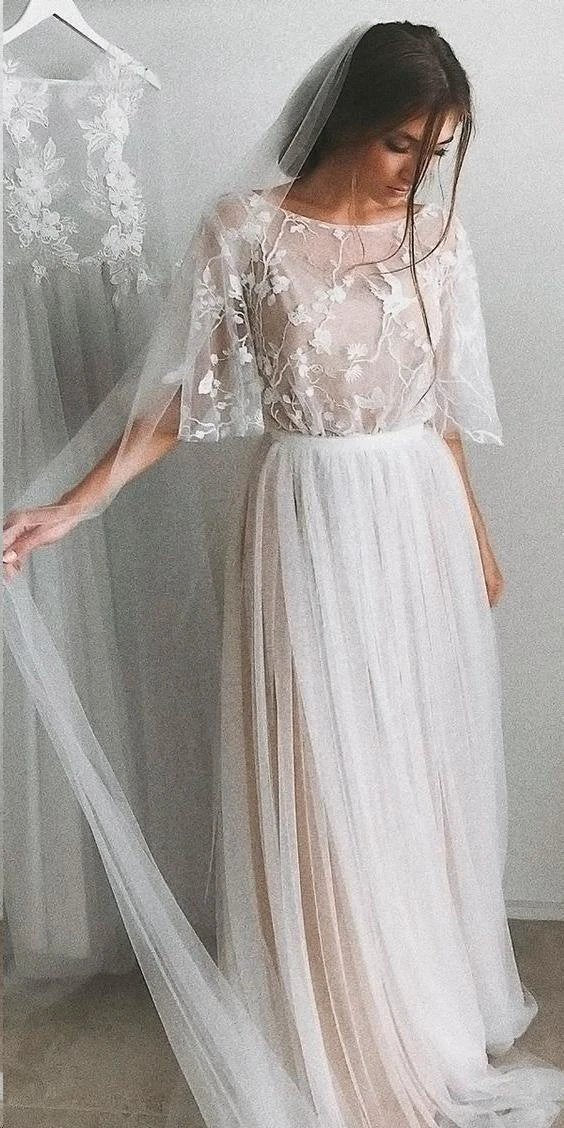 Half Sleeve Wedding Dresses A-line  Elegant Simple Romantic Lace Bridal Gown  WD424 - Image 2