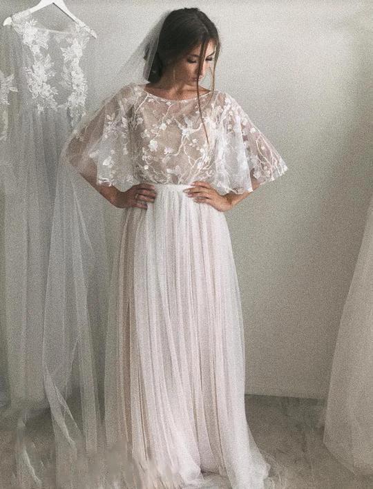 Half Sleeve Wedding Dresses A-line  Elegant Simple Romantic Lace Bridal Gown  WD424 - Image 3