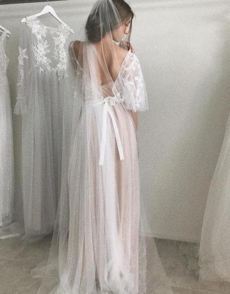 Half Sleeve Wedding Dresses A-line  Elegant Simple Romantic Lace Bridal Gown  WD424 - Image 4