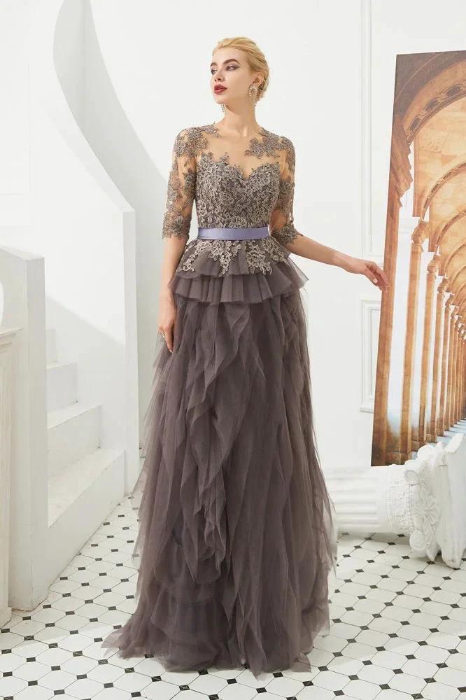 Half Sleeves Floral lace Prom Dress Fur Floor Length Evening Party Dress - Image 2