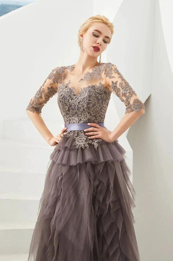 Half Sleeves Floral lace Prom Dress Fur Floor Length Evening Party Dress - Image 3