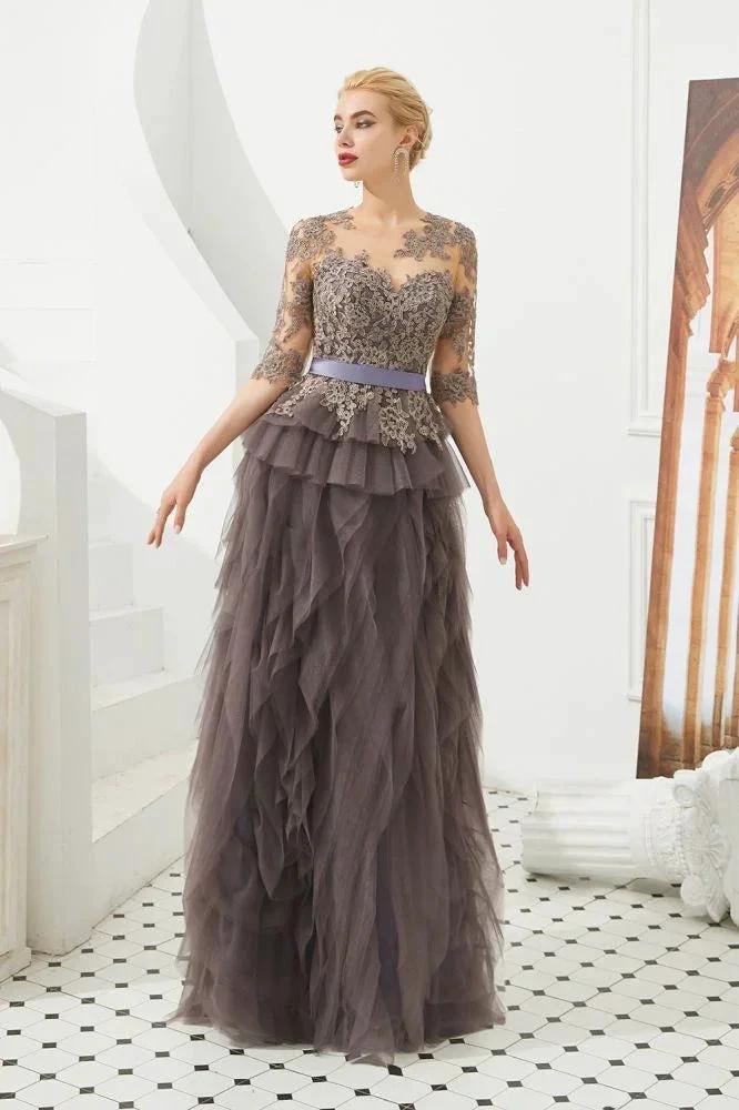 Half Sleeves Floral lace Prom Dress Fur Floor Length Evening Party Dress - Image 4