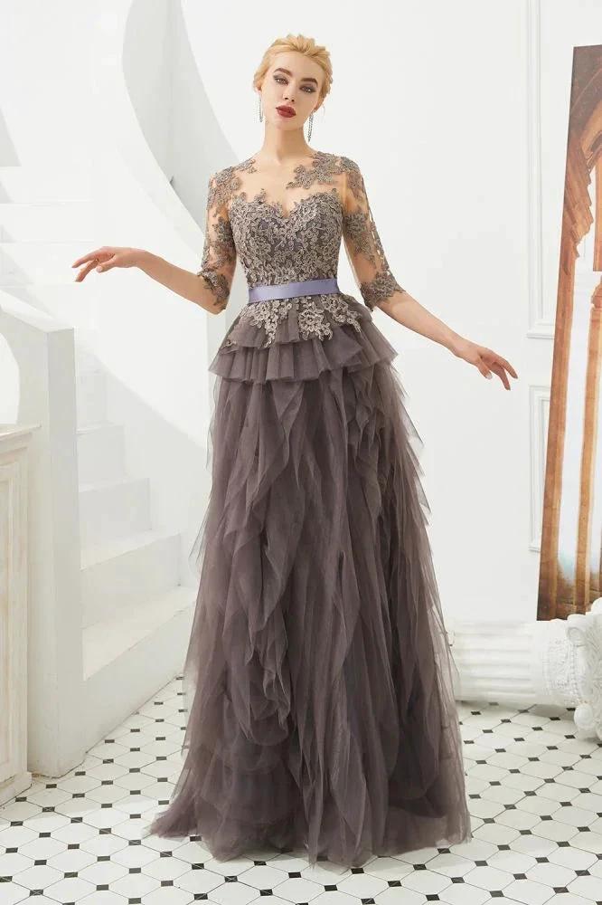 Half Sleeves Floral lace Prom Dress Fur Floor Length Evening Party Dress - Image 5