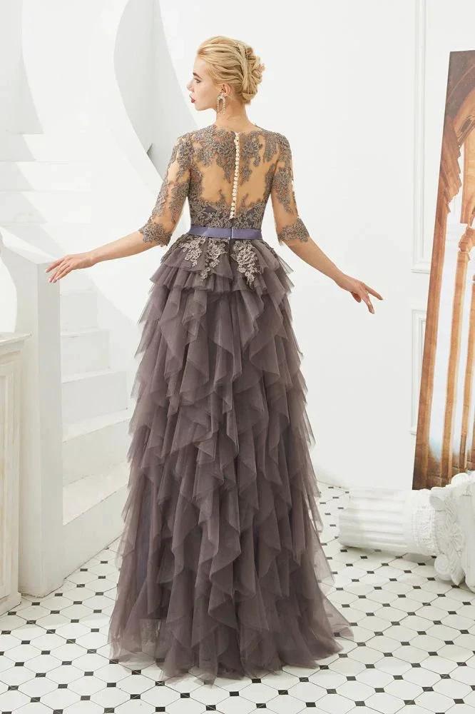 Half Sleeves Floral lace Prom Dress Fur Floor Length Evening Party Dress - Image 6