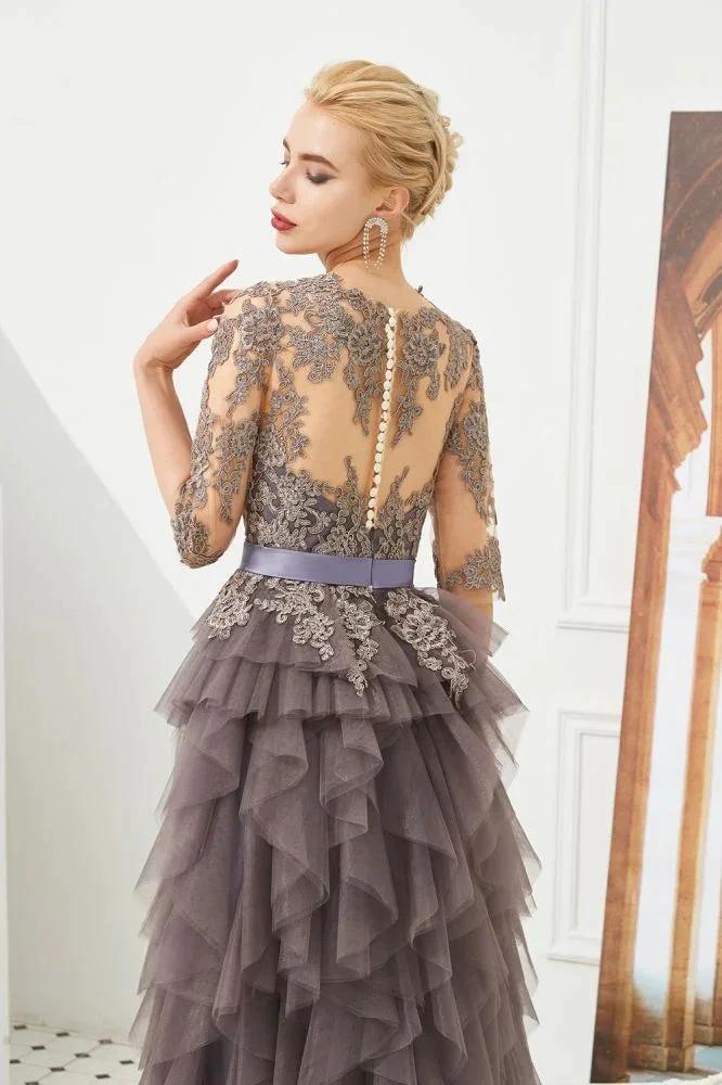 Half Sleeves Floral lace Prom Dress Fur Floor Length Evening Party Dress - Image 7
