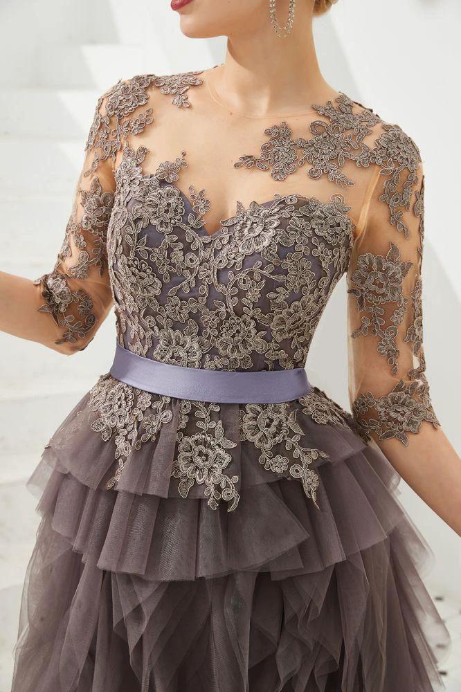 Half Sleeves Floral lace Prom Dress Fur Floor Length Evening Party Dress - Image 8