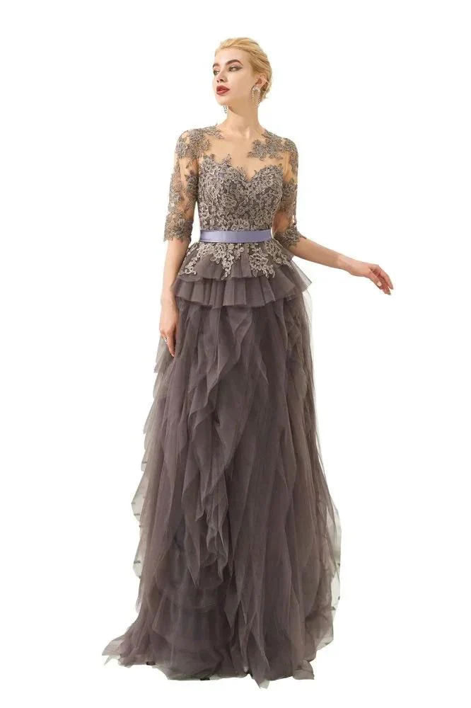Half Sleeves Floral lace Prom Dress Fur Floor Length Evening Party Dress - Image 9