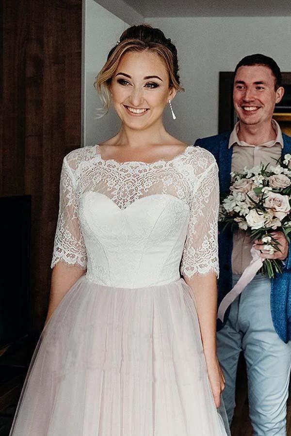 Half Sleeves Pink Backless Lace Up Floor Length Wedding Dress  WD367 - Image 2