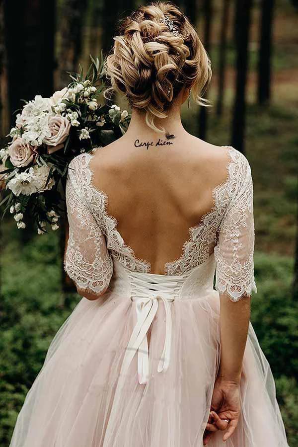Half Sleeves Pink Backless Lace Up Floor Length Wedding Dress  WD367 - Image 3