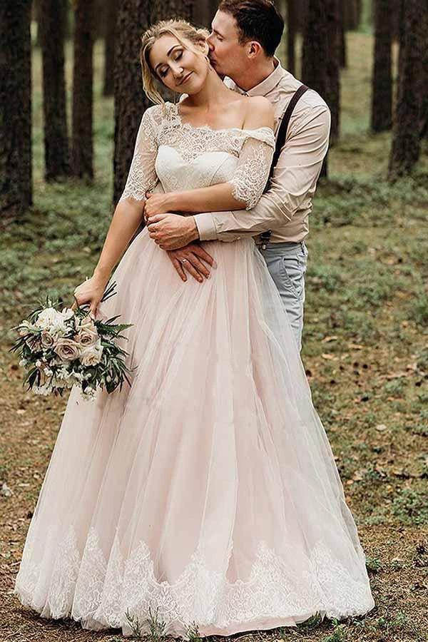 Half Sleeves Pink Backless Lace Up Floor Length Wedding Dress  WD367 - Image 4