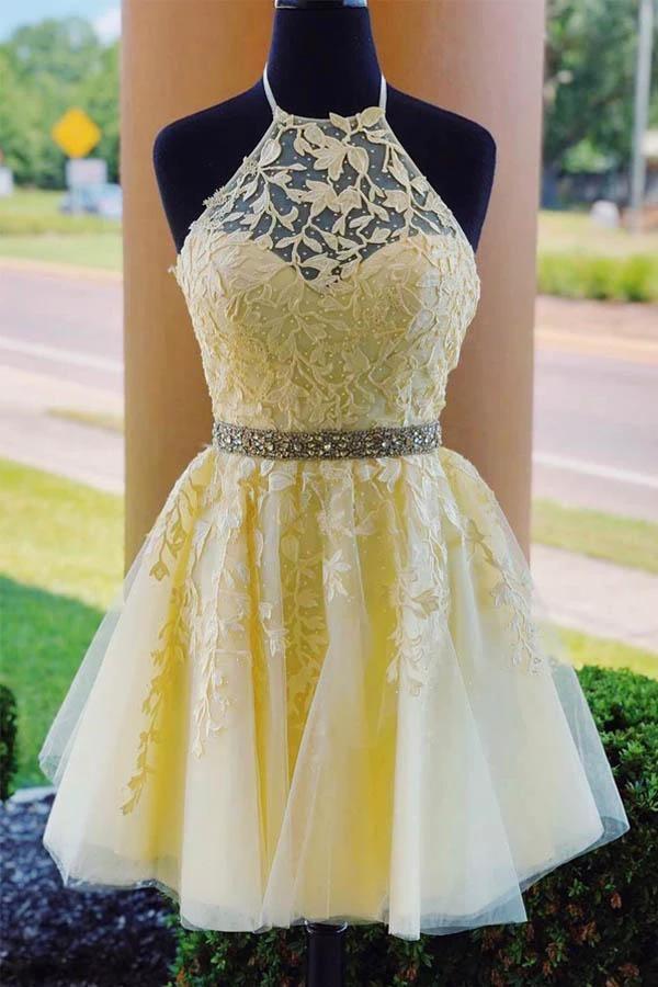 Halter Appliqued Yellow Homecoming Dress Short Prom Dress with Beading Belt PD323 - Image 3