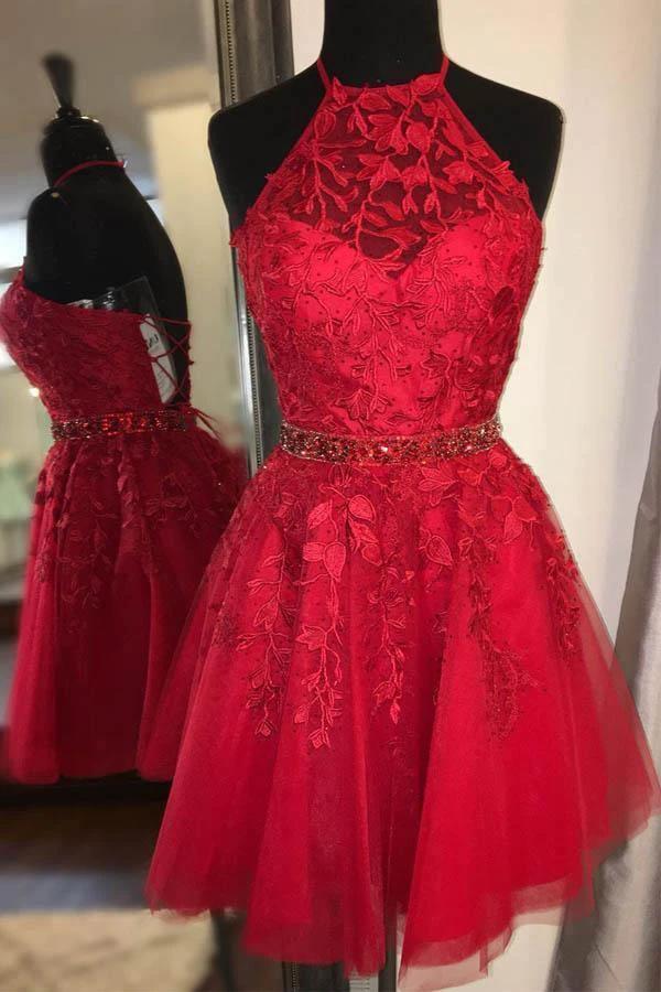 Halter Appliqued Yellow Homecoming Dress Short Prom Dress with Beading Belt PD323 - Image 4