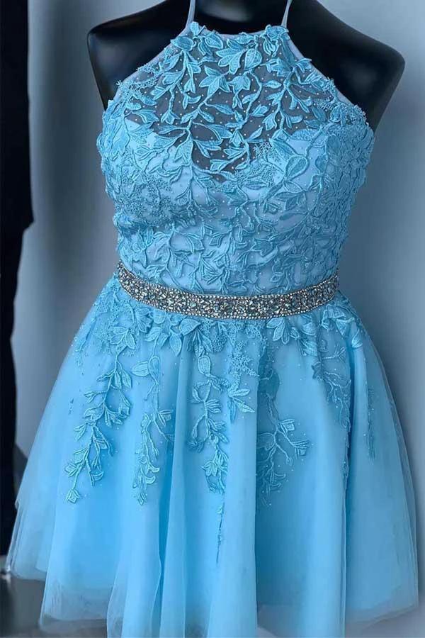 Halter Appliqued Yellow Homecoming Dress Short Prom Dress with Beading Belt PD323 - Image 5