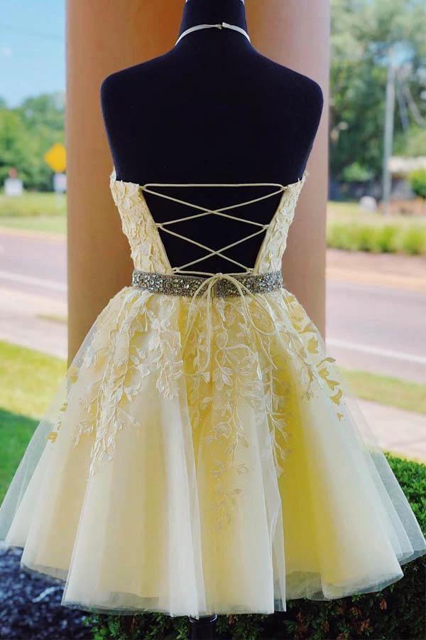 Halter Appliqued Yellow Homecoming Dress Short Prom Dress with Beading Belt PD323 - Image 6