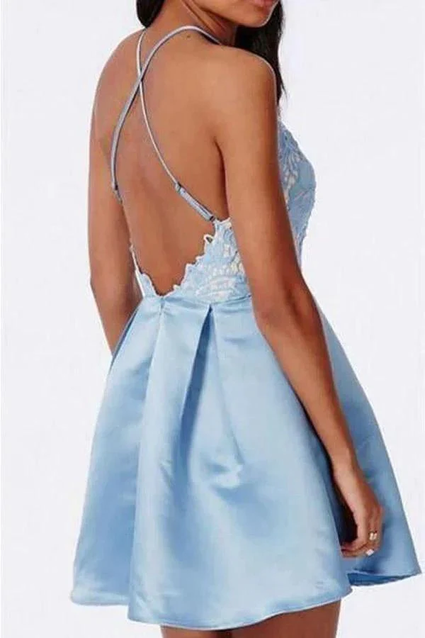 Halter Backless Lace Satin Blue Homecoming Dresses Short Prom Dress  PD270 - Image 2